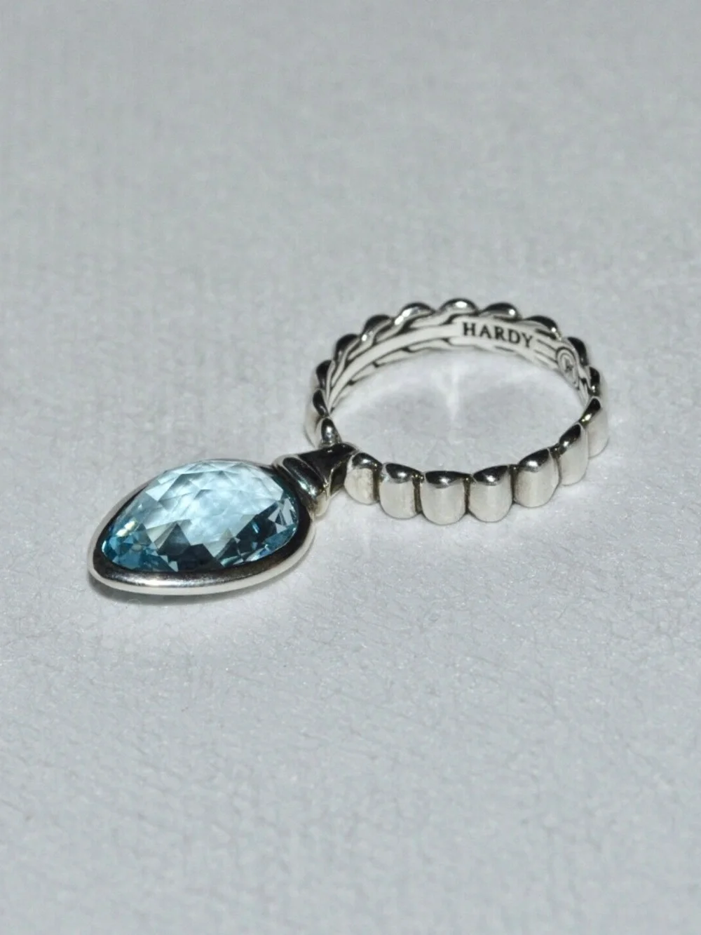 JOHN HARDY Batu Bedeg Sky Blue Topaz Teardrop Dangle Charm Ring Silver Size 7